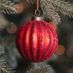Red Crackle Christmas Bauble With Glitter Lines