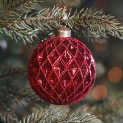 Red Crackle Christmas Bauble With Relief And Glitters