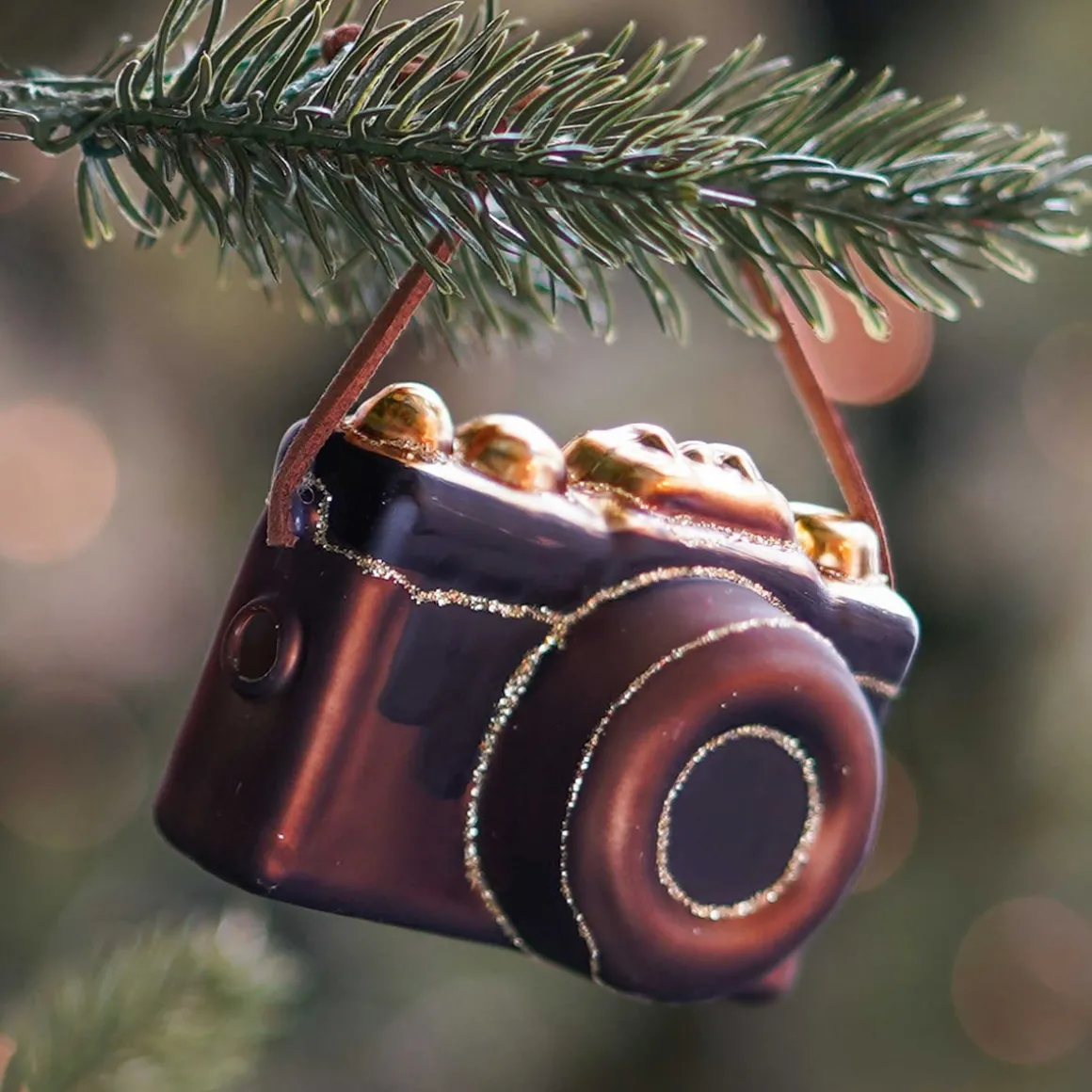 Retro Camera Christmas Ornament | Glass | Gold-black | 8cm