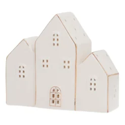 Row Of Miniature Houses With LEDs | Porcelain | 13cm High | White