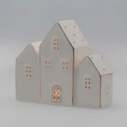 Row Of Miniature Houses With LEDs | Porcelain | 13cm High | White