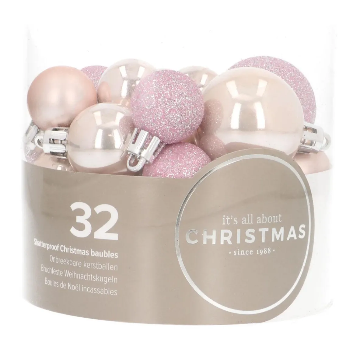 Set Of 32 Pink Mini Shatterproof Baubles, 2.5-4 Cm