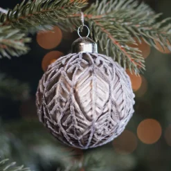 Taupe Christmas Bauble With Natural Leaf Motif