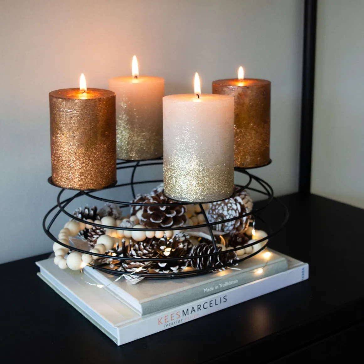 Taupe Pillar Candle With Gold Glitter | 10 Cm