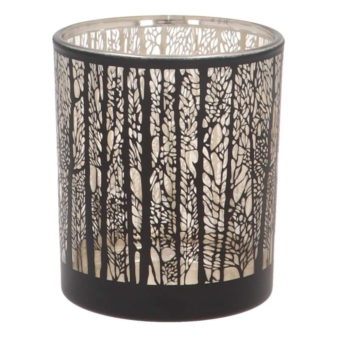 Tealight Holder With Forest Silhouette | Glass | Black-gold | 8cm