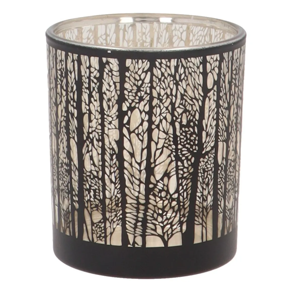 Tealight Holder With Forest Silhouette | Glass | Black-gold | 8cm