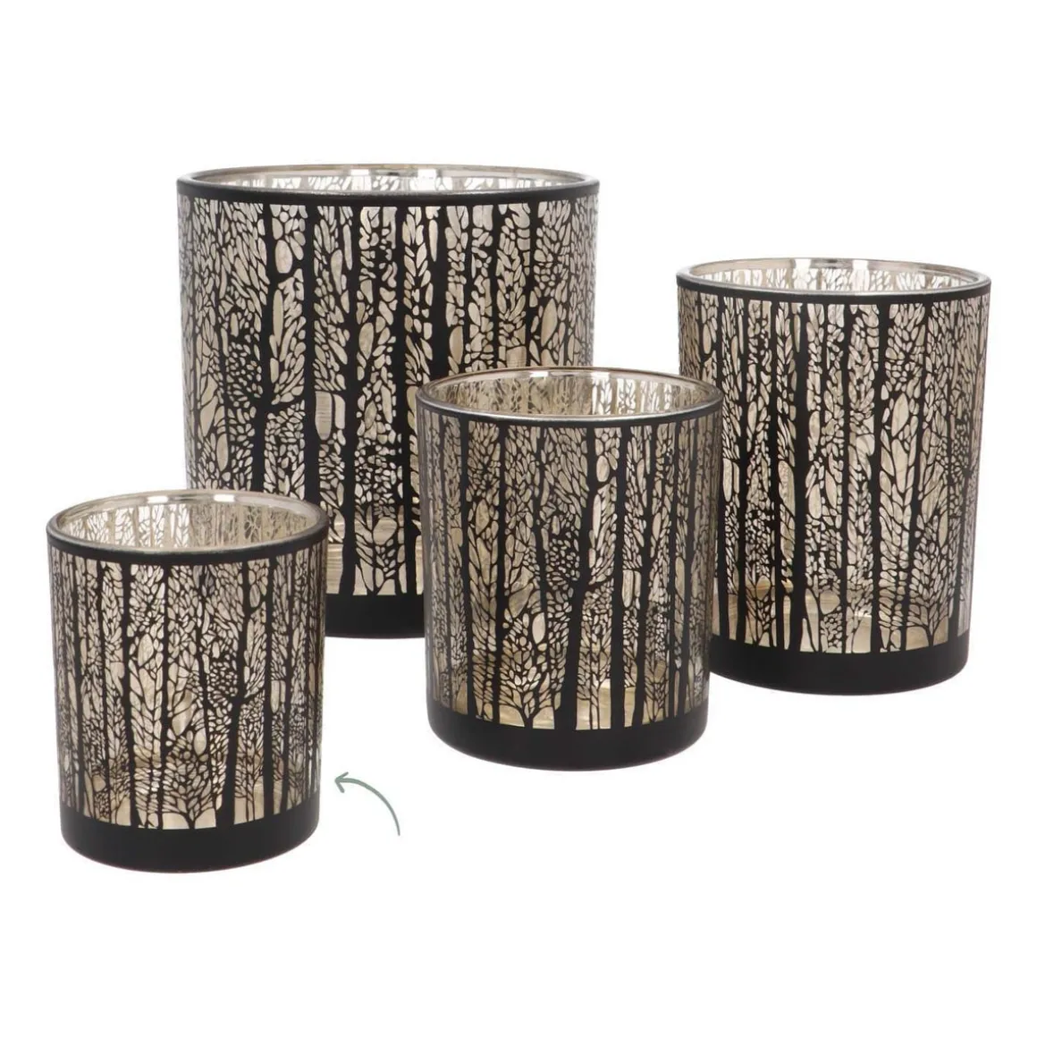 Tealight Holder With Forest Silhouette | Glass | Black-gold | 8cm