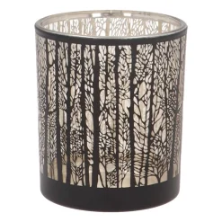 Tealight Holder With Forest Silhouette | Glass | Black-gold | 8cm