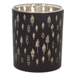 Tealight Holder With Little Christmas Trees | Glass | 8cm | Black-gold