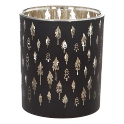 Tealight Holder With Little Christmas Trees | Glass | 8cm | Black-gold