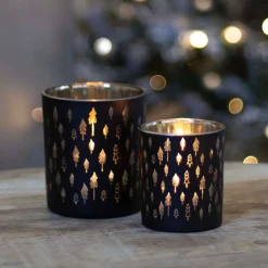 Tealight Holder With Little Christmas Trees | Glass | 10cm | Black-gold