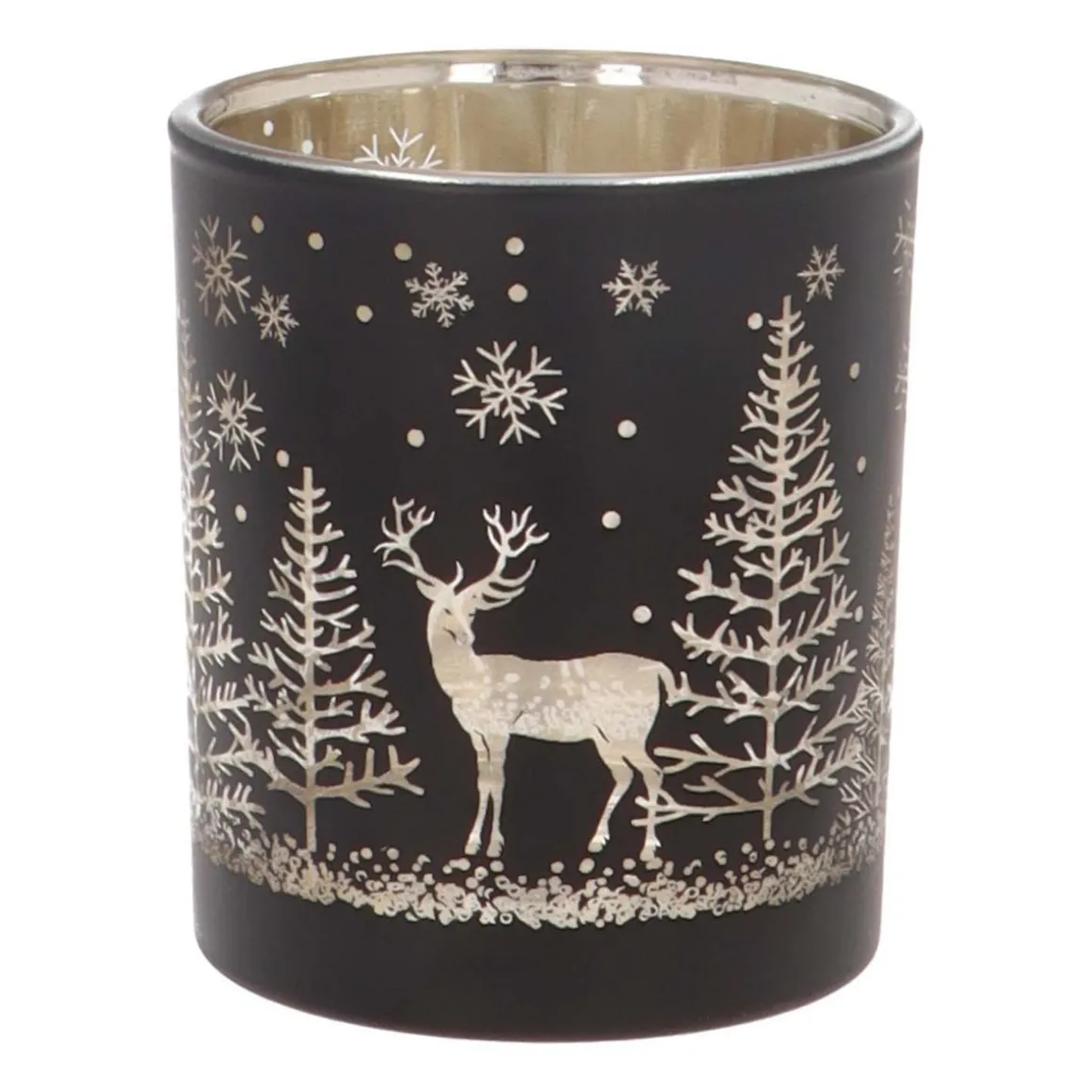 Tealight Holder With Reindeer In Forest | Glass | 8cm | Black-gold