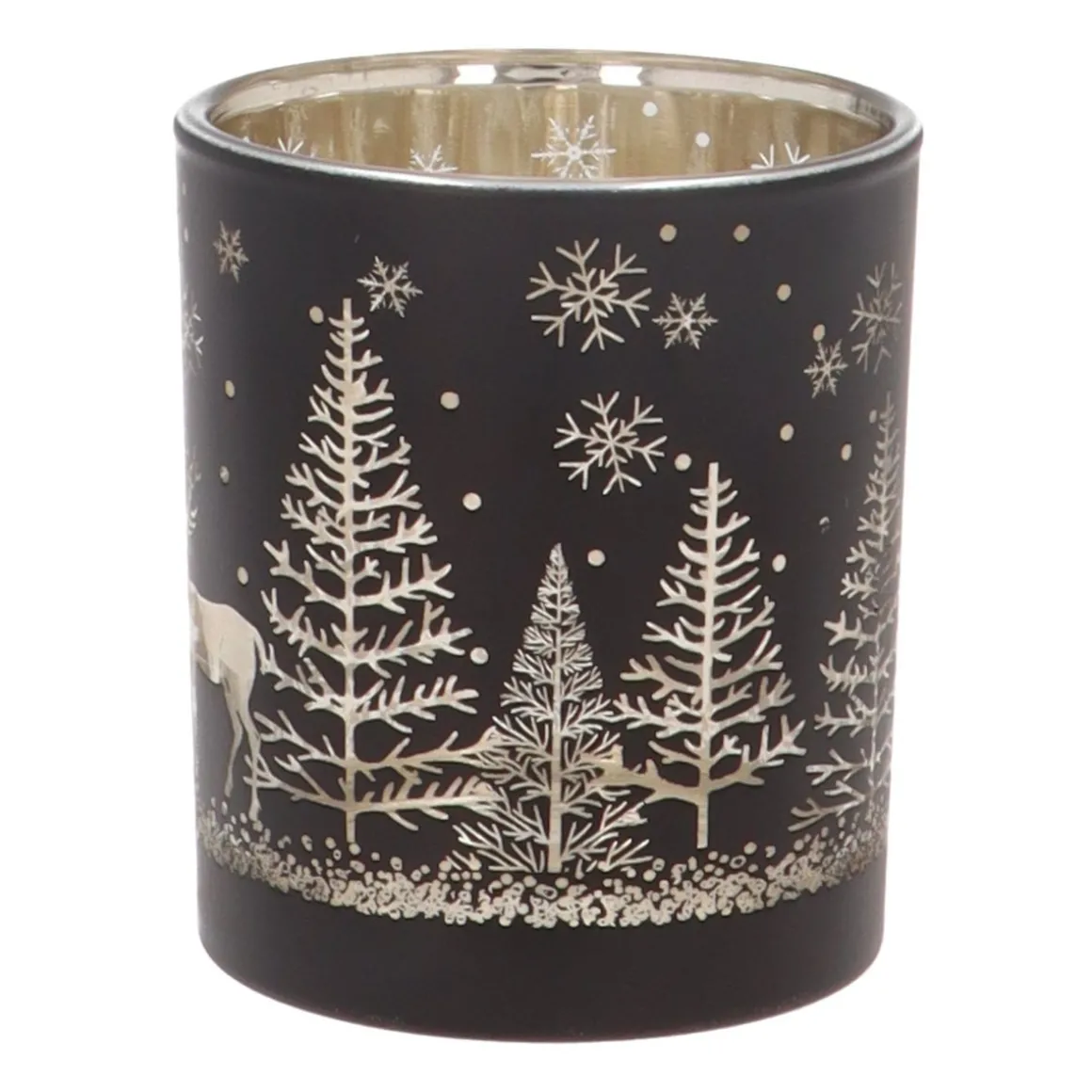 Tealight Holder With Reindeer In Forest | Glass | 8cm | Black-gold