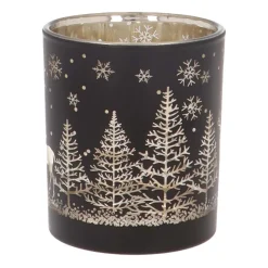 Tealight Holder With Reindeer In Forest | Glass | 8cm | Black-gold