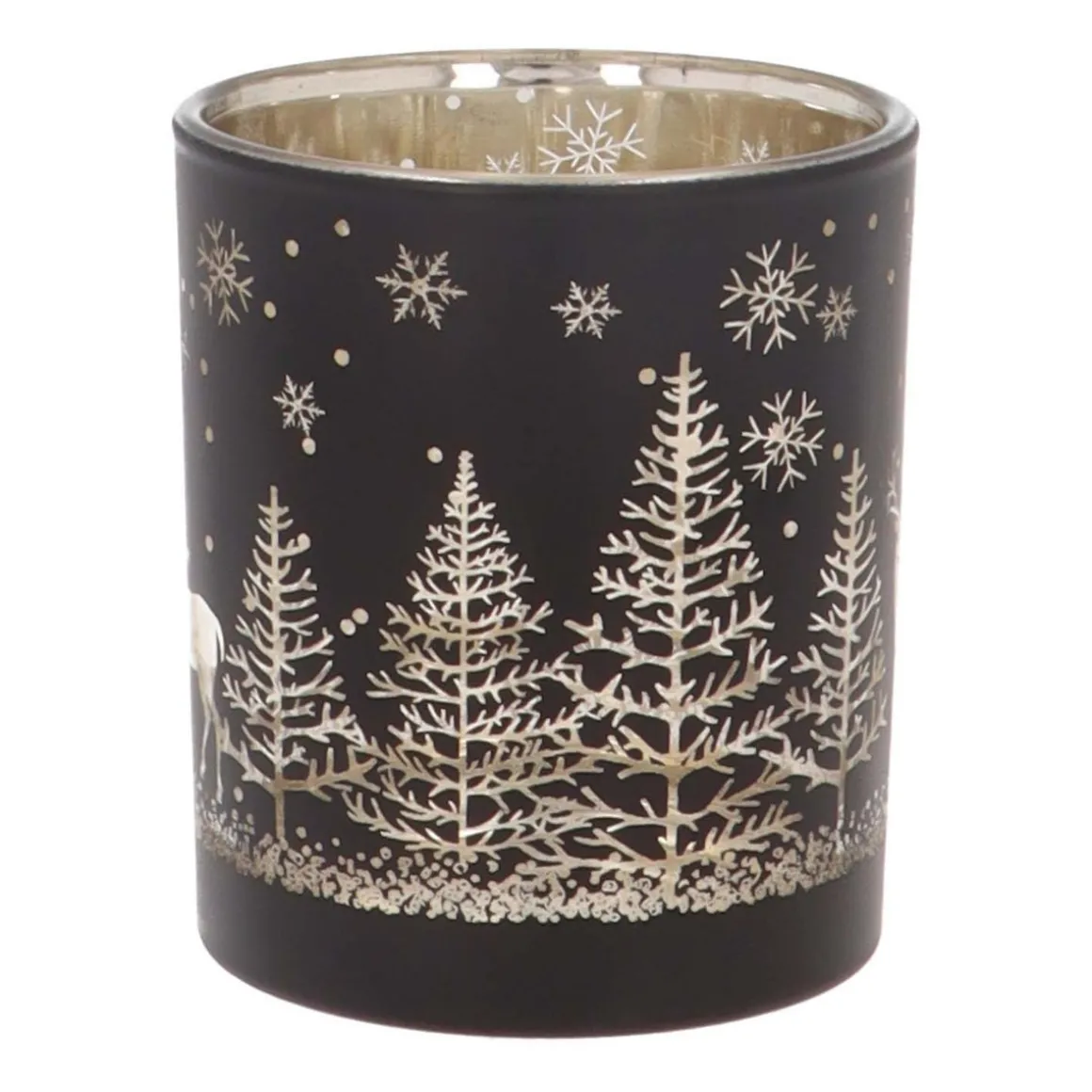 Tealight Holder With Reindeer In Forest | Glass | 8cm | Black-gold