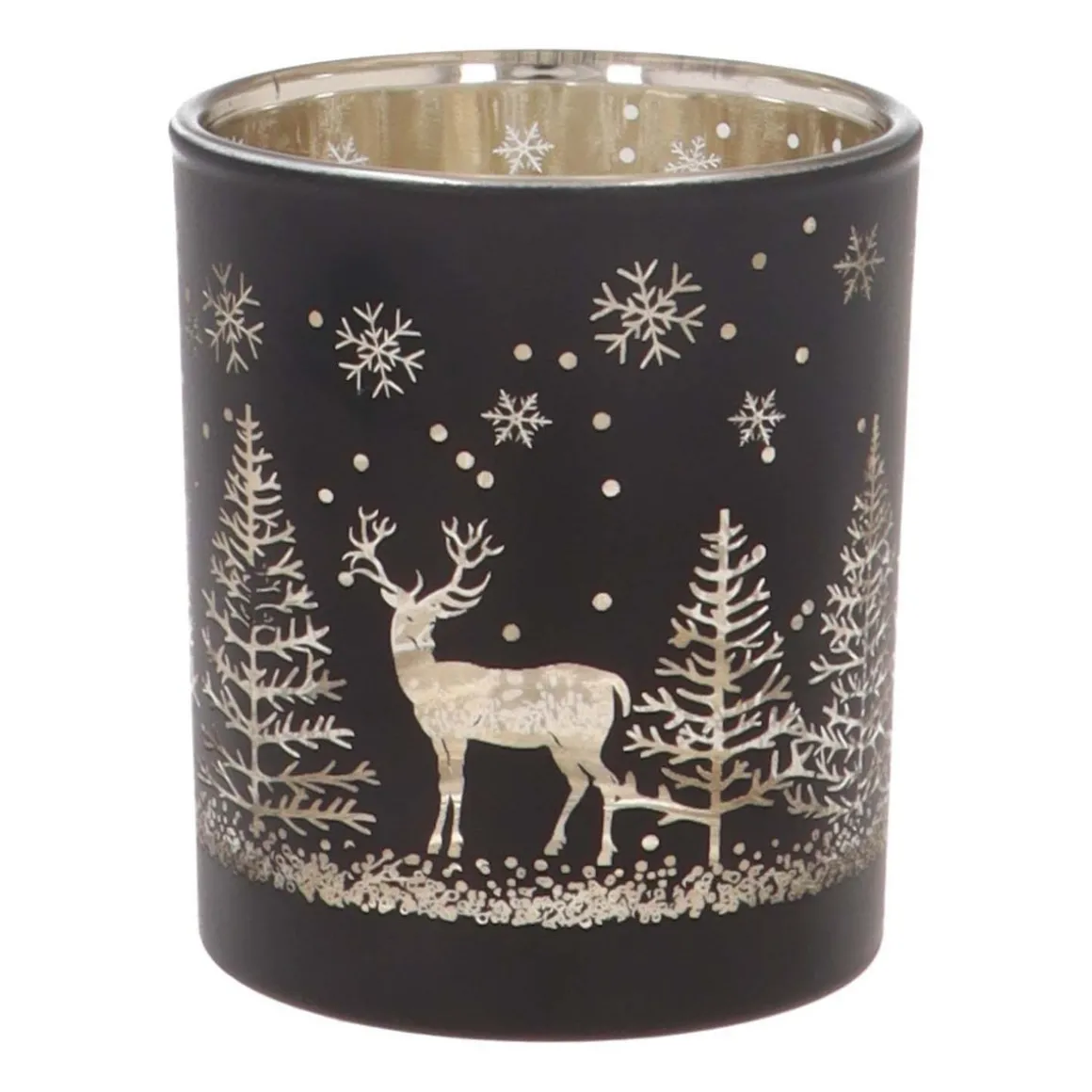 Tealight Holder With Reindeer In Forest | Glass | 8cm | Black-gold