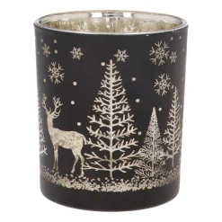 Tealight Holder With Reindeer In Forest | Glass | 10cm | Black-gold
