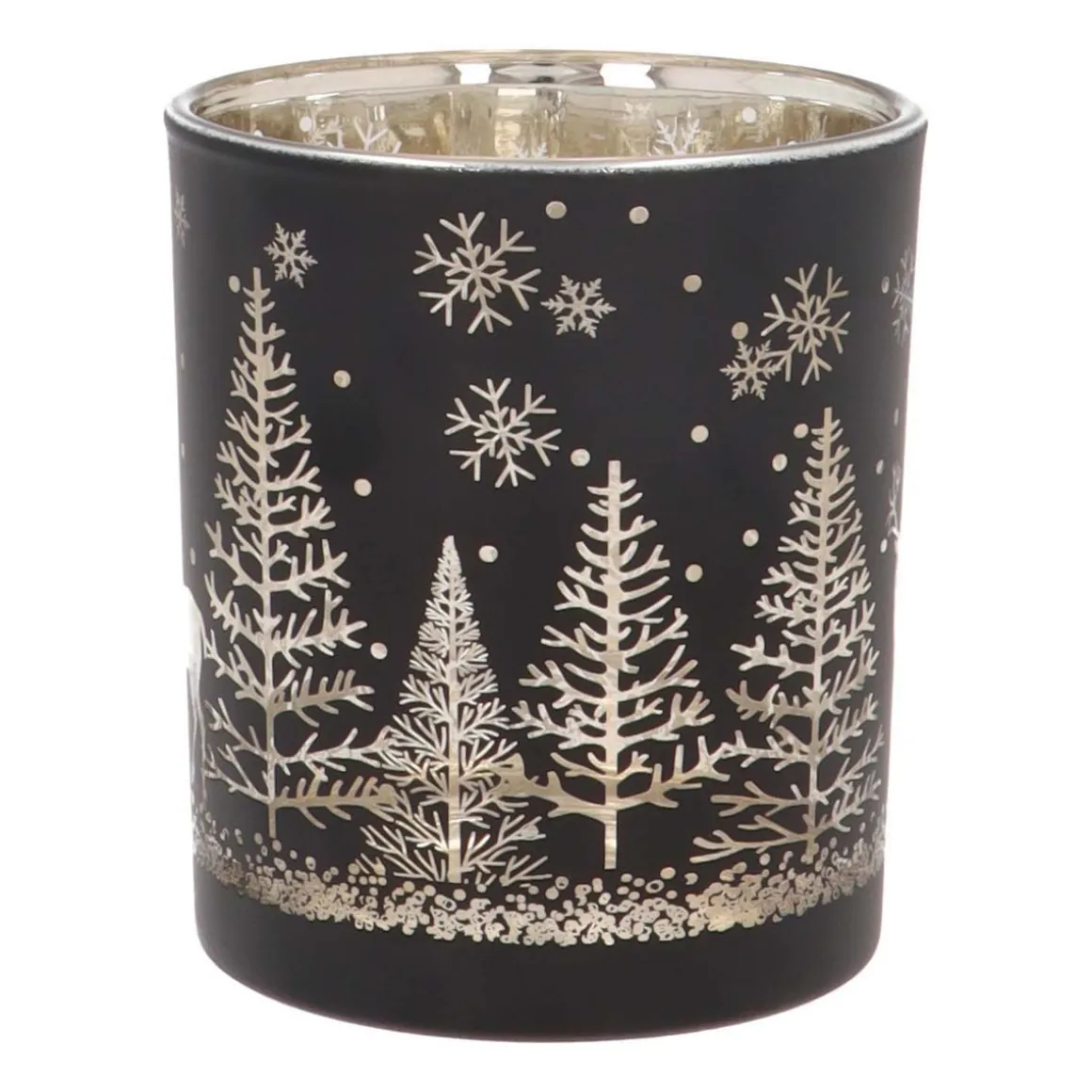 Tealight Holder With Reindeer In Forest | Glass | 10cm | Black-gold
