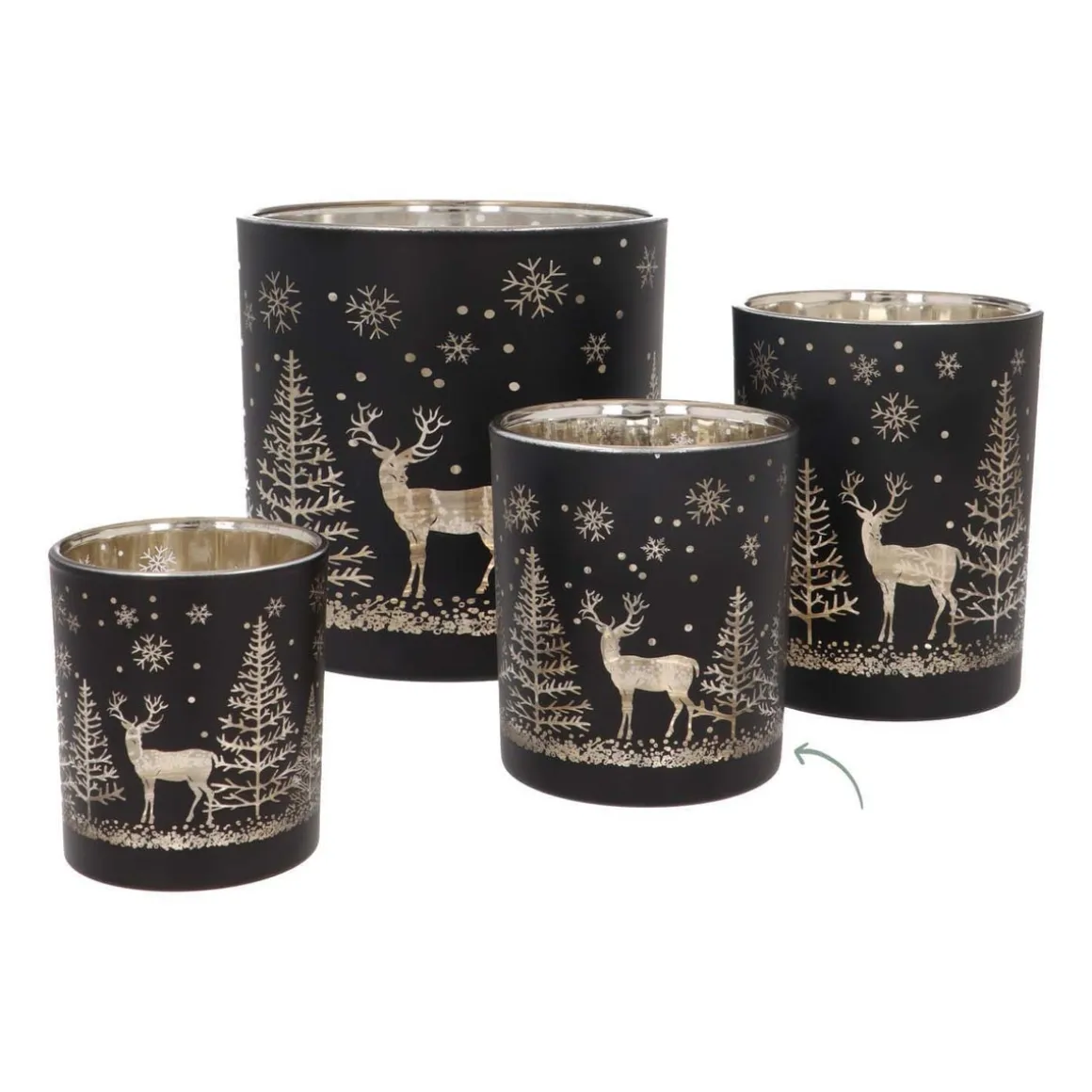 Tealight Holder With Reindeer In Forest | Glass | 10cm | Black-gold