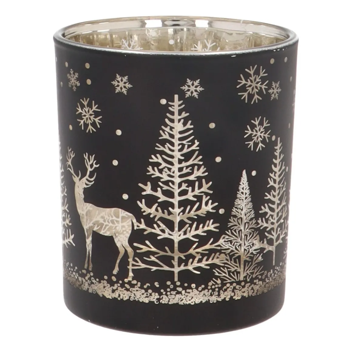 Tealight Holder With Reindeer In Forest | Glass | 10cm | Black-gold