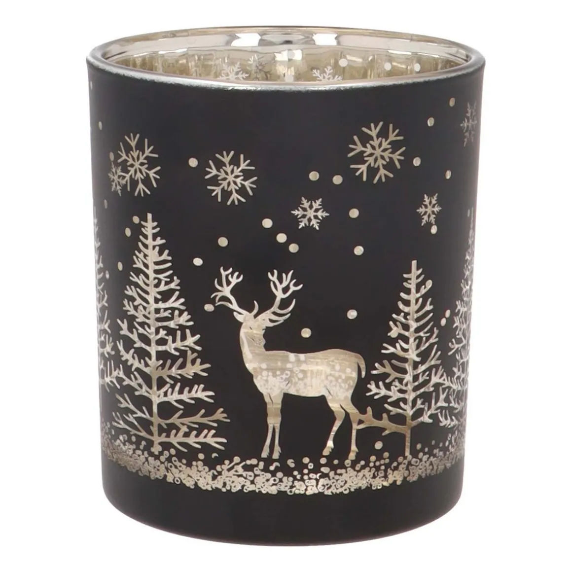 Tealight Holder With Reindeer In Forest | Glass | 10cm | Black-gold
