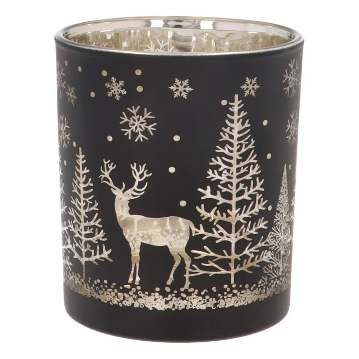 Tealight Holder With Reindeer In Forest | Glass | 10cm | Black-gold