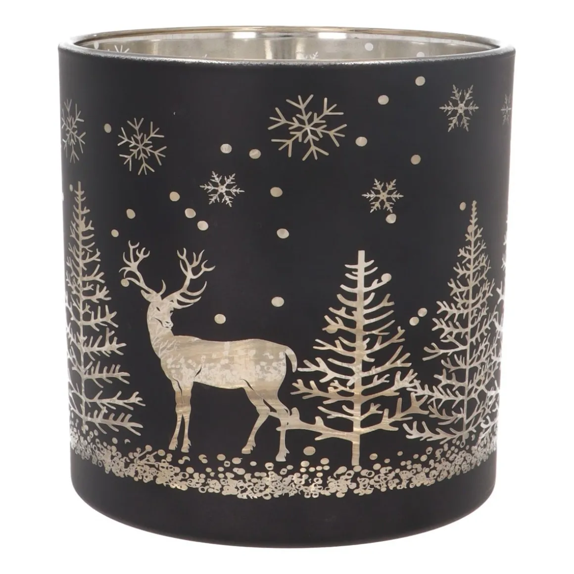 Tealight/candle Holder With Reindeer In Forest | Glass | 15cm | Black-gold