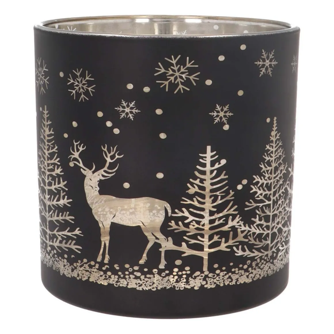 Tealight/candle Holder With Reindeer In Forest | Glass | 15cm | Black-gold