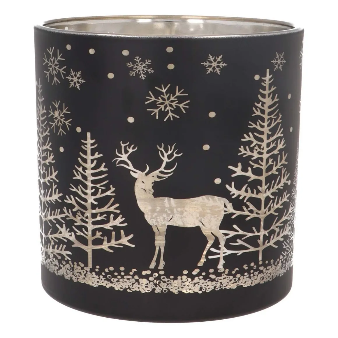 Tealight/candle Holder With Reindeer In Forest | Glass | 15cm | Black-gold