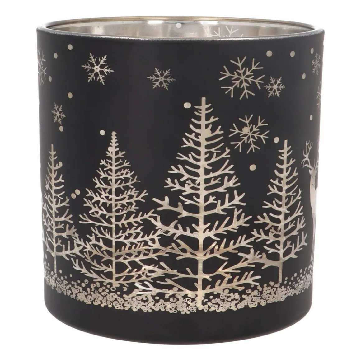 Tealight/candle Holder With Reindeer In Forest | Glass | 15cm | Black-gold