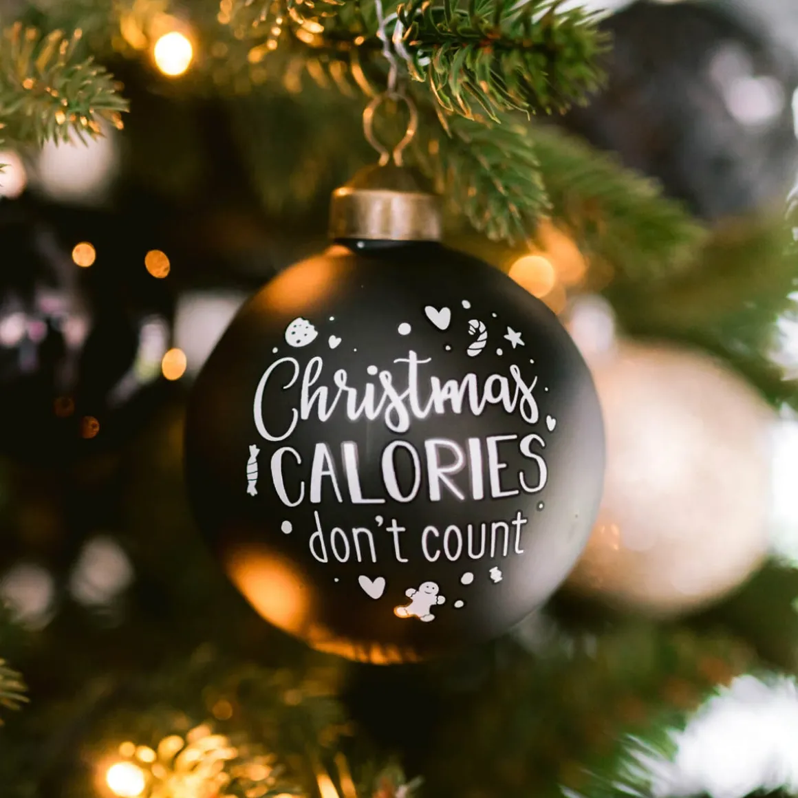 Unique Glass Christmas Bauble "Christmas Calories Don't Count" 8cm Black