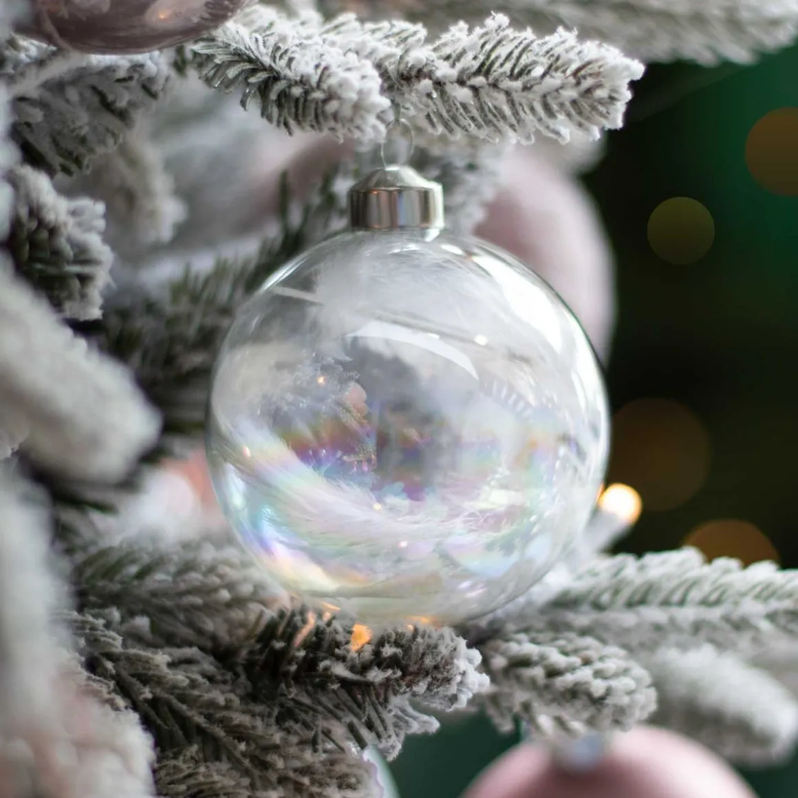 Unique Glass Christmas Bauble With Feathers 8cm White