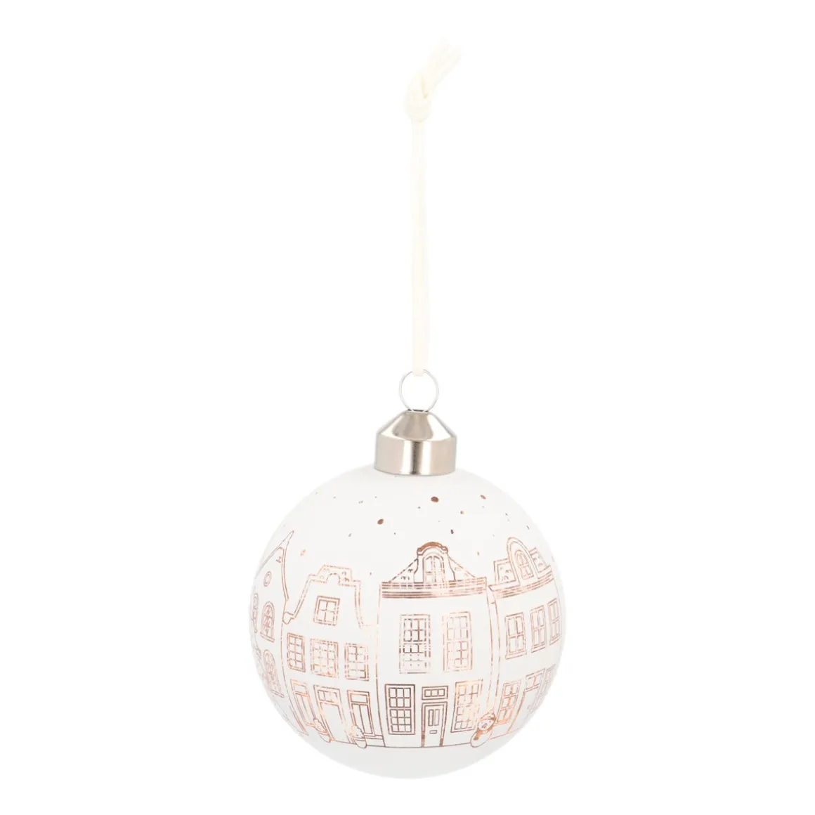 White Christmas Bauble With Fine Cut-Out Houses