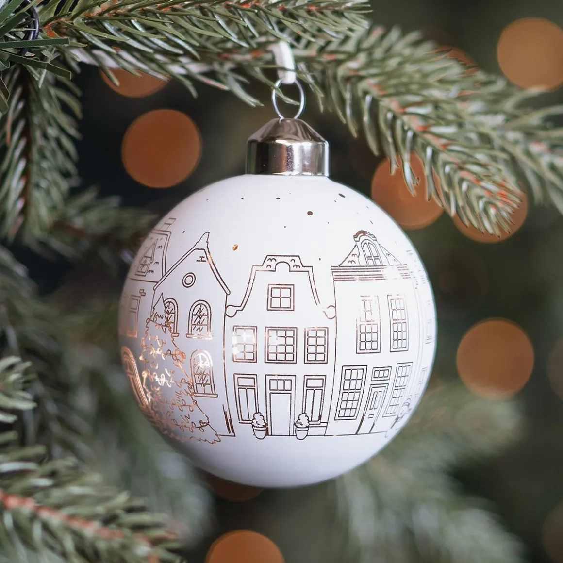 White Christmas Bauble With Fine Cut-Out Houses