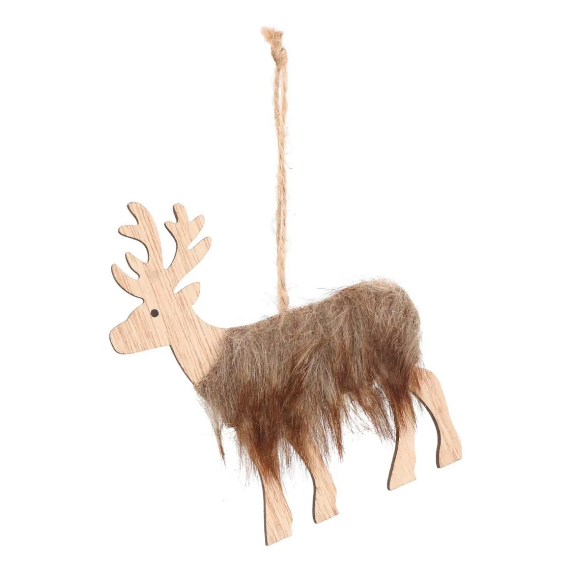 Wooden Fur Reindeer Ornament | Natural | 12 Cm