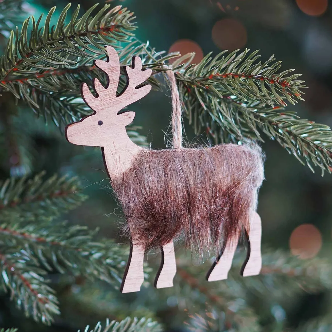 Wooden Fur Reindeer Ornament | Natural | 12 Cm